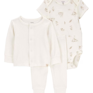 Conjunto longo bebê 3 peças canelado de bichinhos off-white | Carter's
